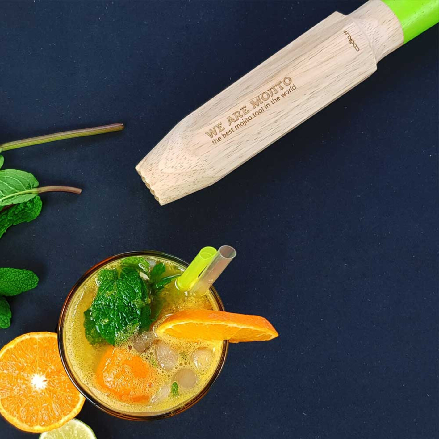 Coffret Mojito Lebrun - 6 Verres 36,5cl + 6 Pailles Bambou + Goupillon - Kit Cocktail Français