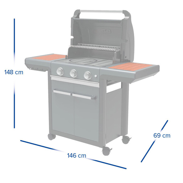 Dimensions barbecue Premium 3W couvercle ouvert et tablettes dépliées