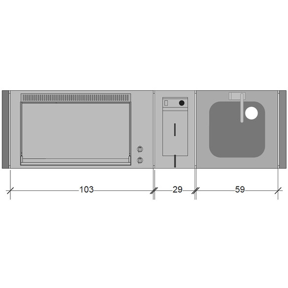 Schéma encastrement cuisine extérieure Oasi 205C avec plancha oasi 80 + évier + mitigeur + friteuse - Planet