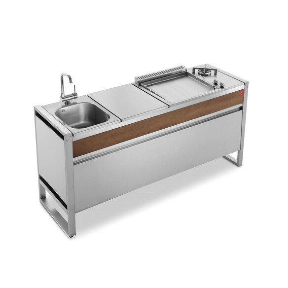 Cuisine extérieure inox plancha gaz 55 Lisse avec réchaud et évier + mitigeur Oasi 183C - Planet