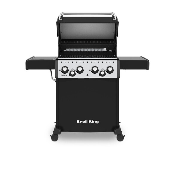 Barbecue Crown 490 rôtissoire + réchaud latéral Broil King vue face ouvert