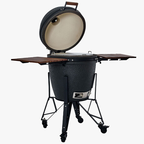 The Bastard Urban Large sur chariot barbecue kamado ouvert tablettes dépliées