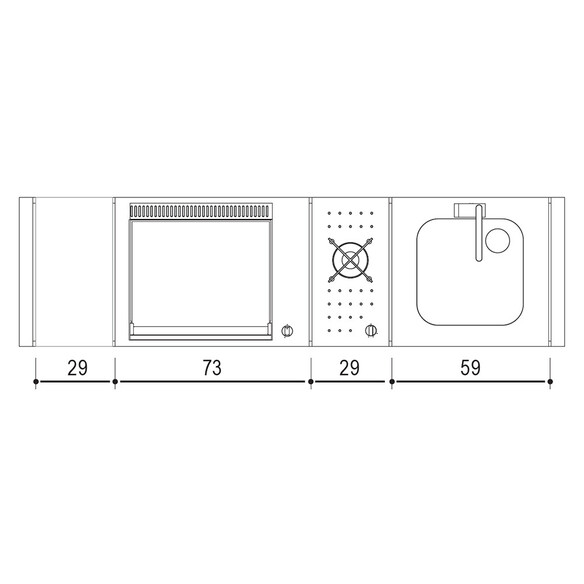 Schéma des modules encastrables sur table Oasi 205C et dimensions