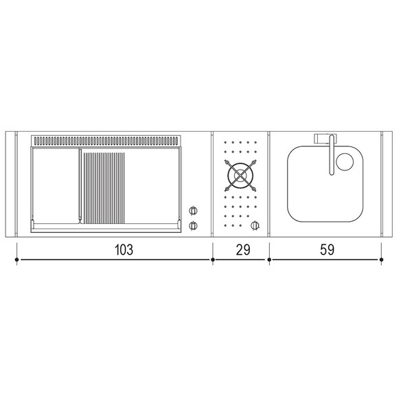 Schéma et dimensions des modules encastrés dans la table Oasi 205C Planet