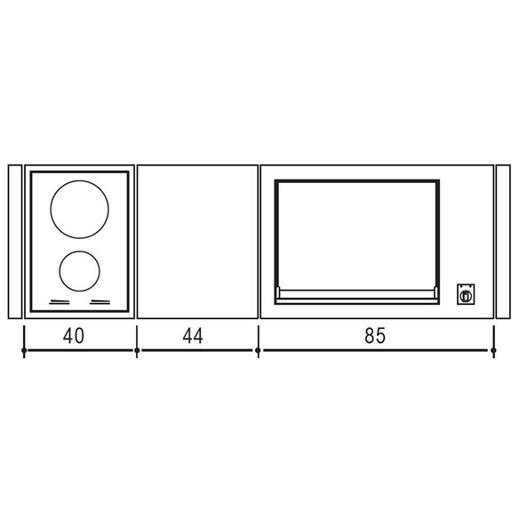 Schéma et dimensions des modules encastrés sur la table Oasi 183C Planet en bois et inox