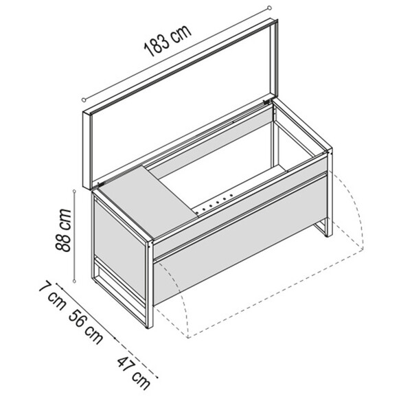 Schéma et dimensions de la table Oasi 183C avec couvercle en inox marin ouvert