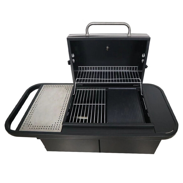 Barbecue SNG One 2.0 Start'N'Grill avec capot ouvert grille inox + plancha