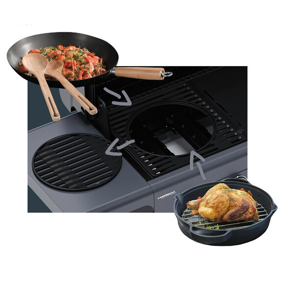 Exemple de cuissons possibles avec le Culinary Modular installé sur le Barbecue Select 4 EXS Campingaz