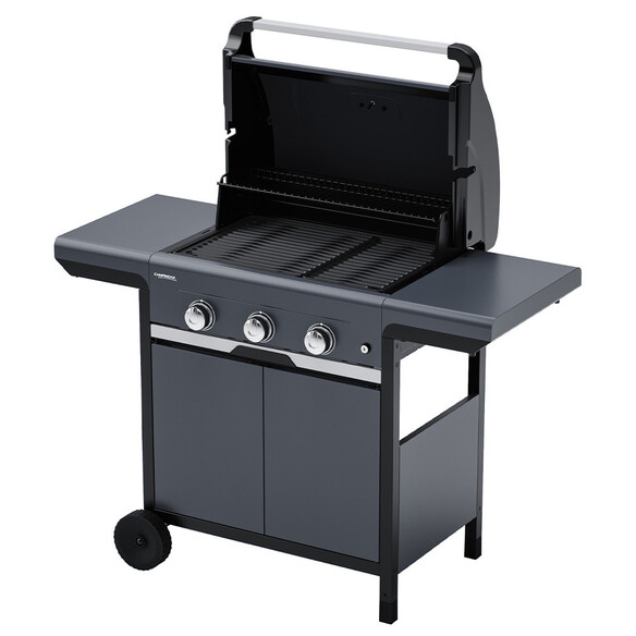 Couvercle ouvert et tablettes dépliées sur le Barbecue gaz Select 3 LX Plus Campingaz