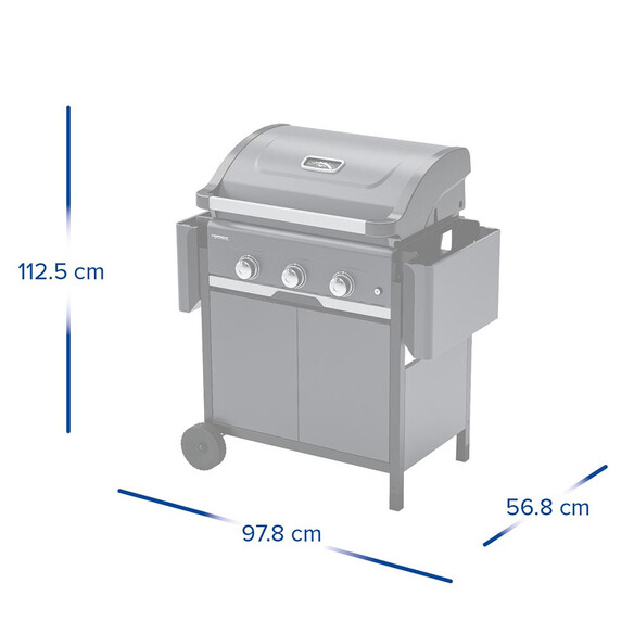 Dimensions capot fermé et tablettes rabattues du Barbecue gaz Select 3 LX Plus Campingaz