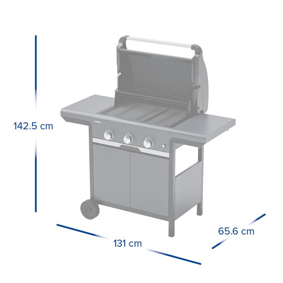 Dimensions du capot ouvert et des tablettes dépliées du Barbecue gaz Select 3 LX Plus Campingaz