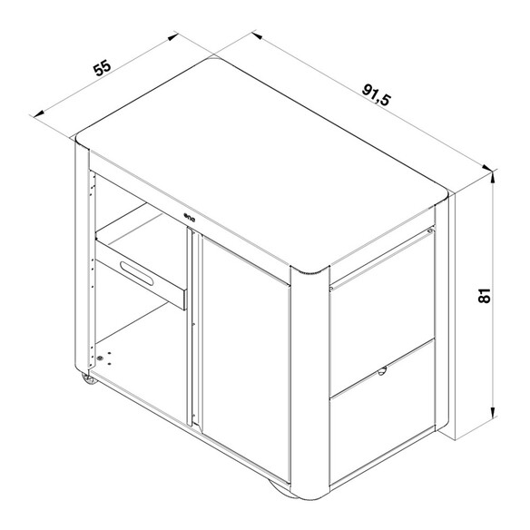 Schéma et dimensions du chariot Achille ENO avec porte, étagère et tablette pliée.