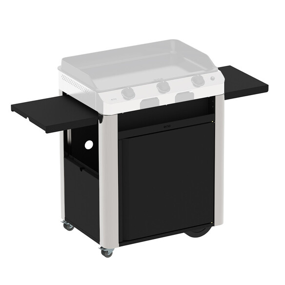 Tablettes dépliées sur le chariot Fusion 75 en inox avec porte ENO