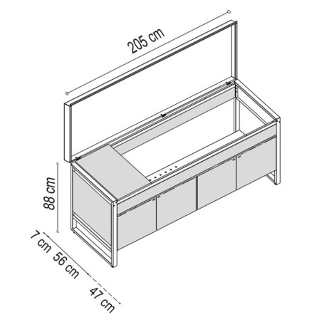 Schéma et dimensions de la table Oasi 205C avec capot ouvert