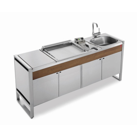 Table Oasi 205C avec plancha lisse gaz 50, friteuse et évier avec mitigeur Planet