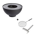 Pack Feu Du Jardin avec brasero boule en acier noir et grille de cuisson avec support de maintien en inox