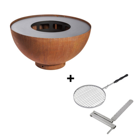 Pack Feu Du Jardin avec brasero boule corten et grille inox ø38 cm avec support