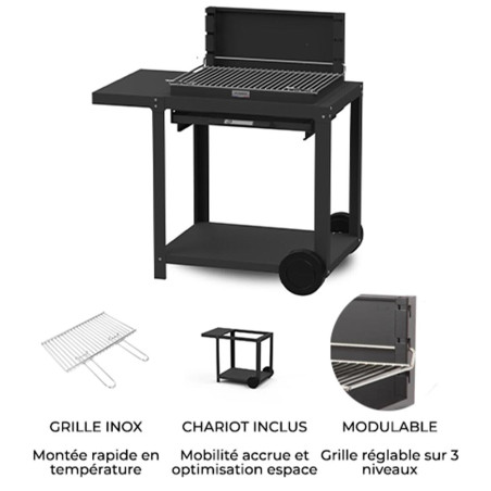 Fonctionnalités du barbecue charbon Montory et son chariot en acier noir Le Marquier