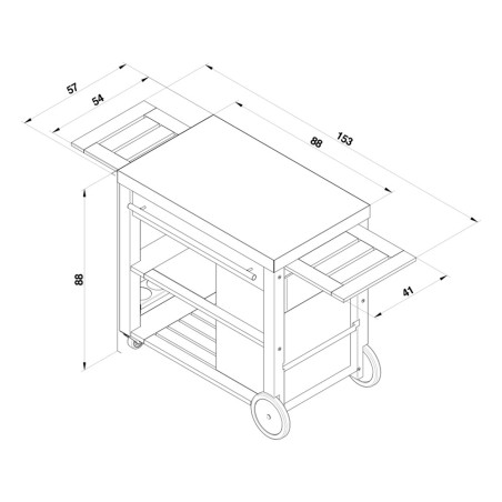 Schéma avec dimensions de la desserte Mobilot ENO en inox et bois