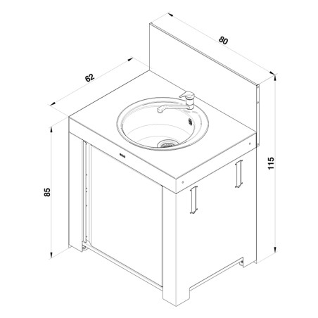 Schéma avec dimensions du modulo évier ENO en inox et acier noir