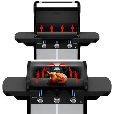 Schéma cuisson directe et indirecte de la plancha gaz EX3 sur chariot