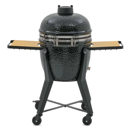 Vue de dos du kamado noir TWO.55 Monolith sur chariot avec tablettes rétractables