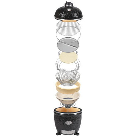 Vue en coupe du barbecue kamado TWO.55 noir à poser Monolith avec l'ensemble de ses équipements Vue en coupe du barbecue kamado TWO.55 noir à poser Monolith avec l'ensemble de ses équipements