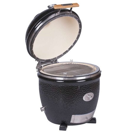 Vue sur le kamado noir TWO.66 sans chariot noir Monolith couvercle ouvert Vue sur le kamado noir TWO.66 sans chariot noir Monolith couvercle ouvert