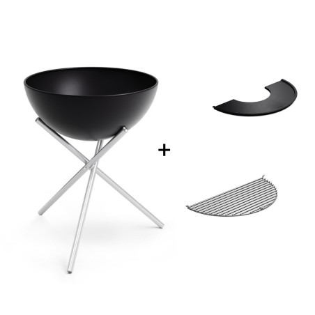 Pack Höfats avec brasero bowl 57 sur pied haut, demi-grille en inox et plancha demi-lune