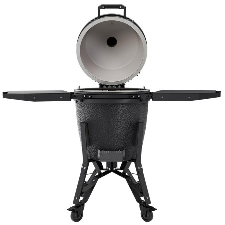 Vue sur le barbecue The Bastard Pro Large Complete Graphite ouvert avec tablettes