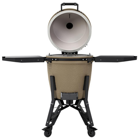 Vue sur le kamado The Bastard PRO large complete Desert Sand couvercle ouvert et tablettes ouvertes
