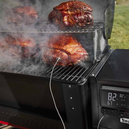 Poulets en train de cuire dans le barbecue pellets Searwood 600 Weber avec sondes Poulets en train de cuire dans le barbecue pellets Searwood 600 Weber avec sondes