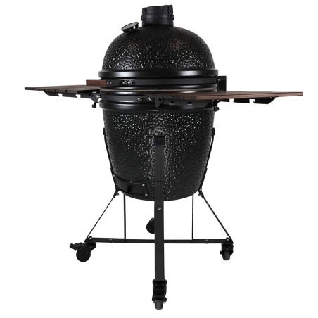 Vue de profil sur le barbecue kamado The Bastard Anniversary Edition avec tablettes ouvertes