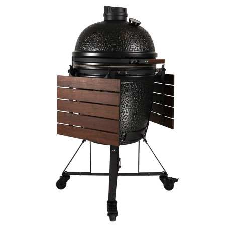 Vue latérale sur le barbecue kamado The Bastard Anniversary Edition tablettes rabattues