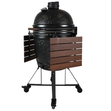 Vue sur le côté du barbecue kamado The Bastard Anniversary Edition avec tablettes rabattues