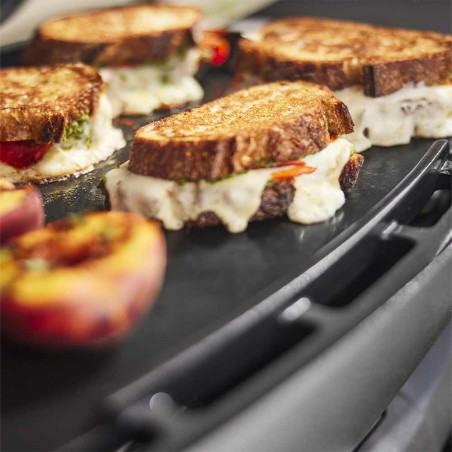 Vue de près sur une plancha intégrale en fonte émaillée avec aliments pour barbecue gaz Q 1000 N Weber Vue de près sur une plancha intégrale en fonte émaillée avec aliments pour barbecue gaz Q 1000 N Weber