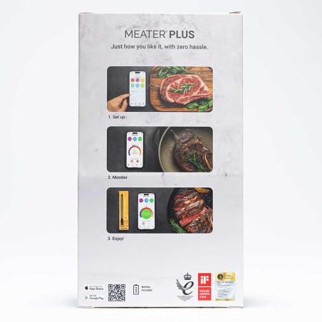 Vue de dos sur le packaging du thermomètre digital MEATER Plus Vue de dos sur le packaging du thermomètre digital MEATER Plus