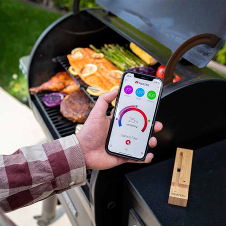Vue sur l'application sur smartphone et sur la sonde MEATER Plus en pleine utilisation Vue sur l'application sur smartphone et sur la sonde MEATER Plus en pleine utilisation