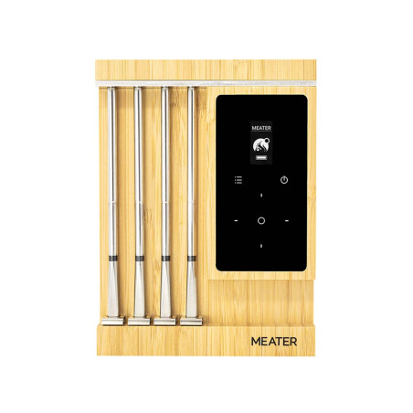 4 sondes sans fil MEATER Pro XL dans leur station de rechargement en bambou avec écran