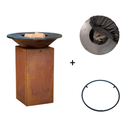 Pack Ofyr comprenant le brasero corten Classic 75, sa housse de protection, son anneau de maintien