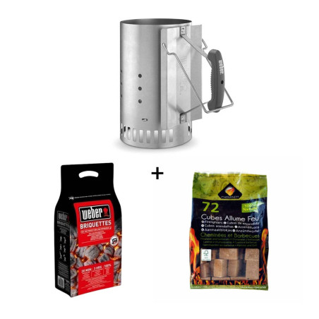 Pack allumage barbecue au charbon avec chemine d'allumage, briquettes et cubes allume-feux