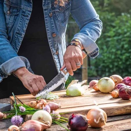 Couteau du chef 16 cm Olive Forged découpant des légumes