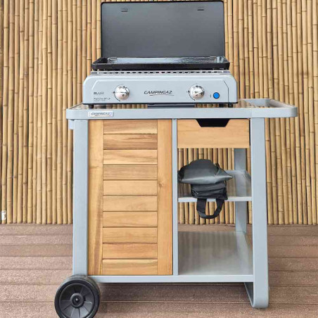Plancha gaz Blue Flame LX sur chariot Woody Deluxe Campingaz - modèle d'expo