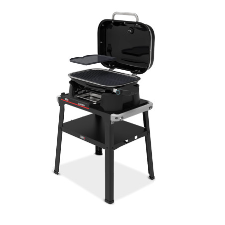 LUMIN Stand Noir + Plancha 2026 Weber - Studio latéral gauche ouvert