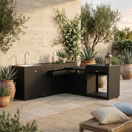Cuisine extérieure d'angle en acier noir Le Marquier avec 5 modules - cuisson, évier, angle, ouvert et tiroir