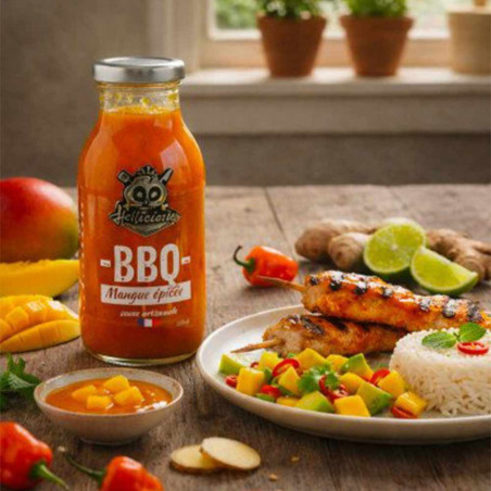 Sauce Mangue Epicée Hellicious sur une table