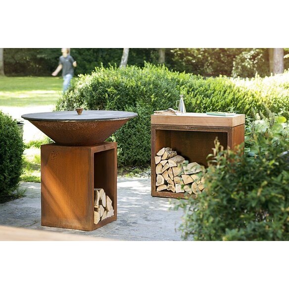 Billot Corten et bois de teck Ofyr 90 cm avec brasero