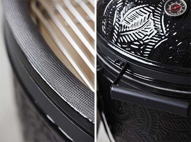 Vue sur la grille, le joint et le revêtement noir brillant du kamado 1.0 XL Kamal Barbecook