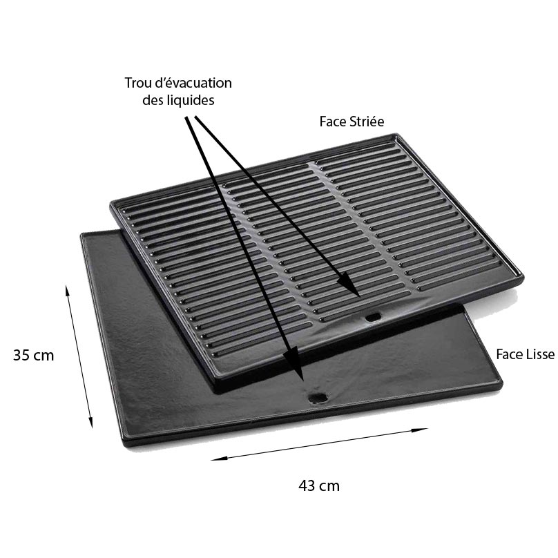 Caractéristiques et dimensions de la plancha en fonte émaillée barbecue Quisson ou Siesta Barbecook