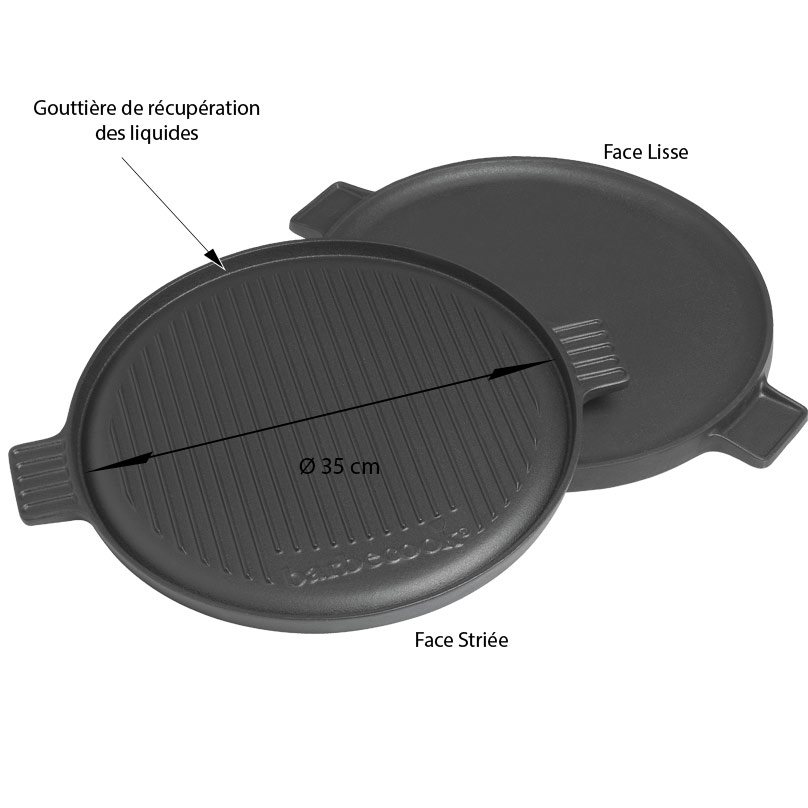 Dimensions et caractéristiques de la plancha en fonte ronde et réversible Barbecook